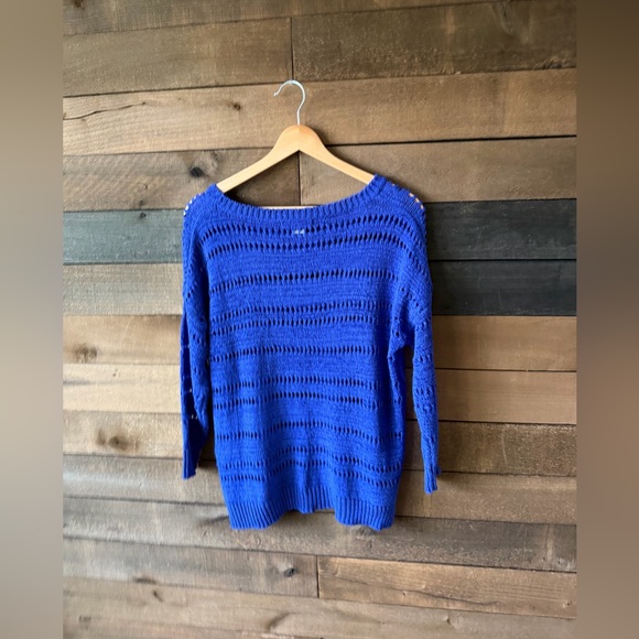 Vintage Blue Knit Sweater Open Knit Lightweight Boat Neck Pullover - Picture 7 of 8